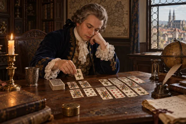 A man in 18th-century dress lays out a game of patience by candlelight in a study with a globe, quill and old maps.