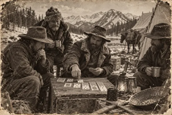 Four bearded prospectors in fur coats watch one of them lay out solitaire on a wooden crate in a snowy mountain camp, with a tent, a pack horse and a gold pan nearby.