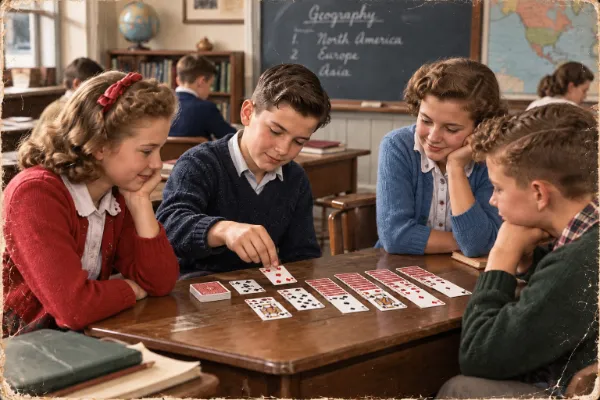 Four teenagers in 1950s sweaters gather round a school desk while one of them lays out a game of solitaire, with a geography lesson on the blackboard behind them.