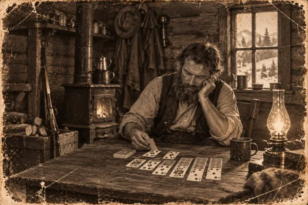 A bearded man in a log cabin rests his head on his hand as he plays solitaire by lamplight, with a wood stove behind him and snow outside the window.