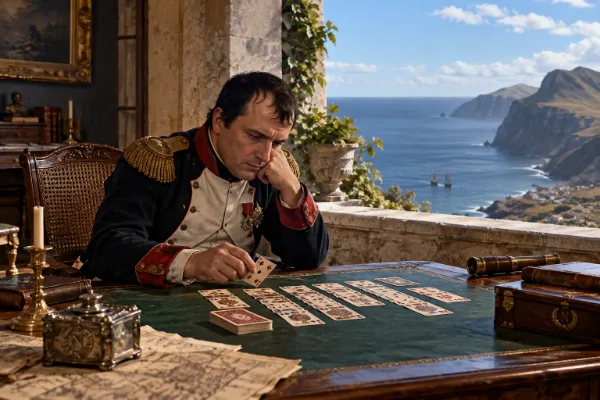 A man in a Napoleonic uniform plays patience at a green-topped desk, with a balcony view of cliffs and the sea behind him.