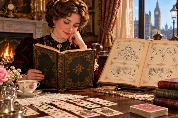 A woman in Victorian dress reads a book of patience games by the fire, with card layouts drawn in an open book on a stand and cards laid out on the table.