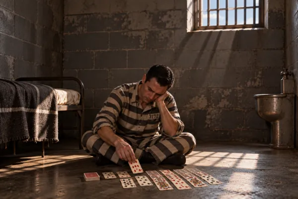 A man in a striped prison uniform sits cross-legged on the floor of a cell, laying out solitaire in a beam of light from a barred window.