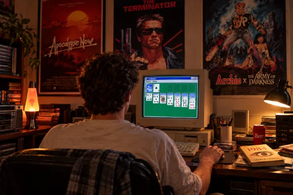 A young man seen from behind plays solitaire on a beige desktop computer in a bedroom with film posters, a lava lamp and stacks of video tapes.
